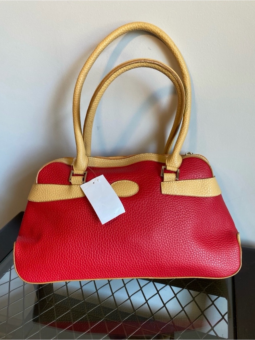 Red Pebbled Shoulder Bag with Yellow Trim
